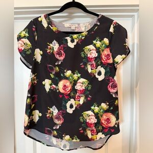 Merona Black Floral Short Sleeve Top with Pink & Cream Blooms